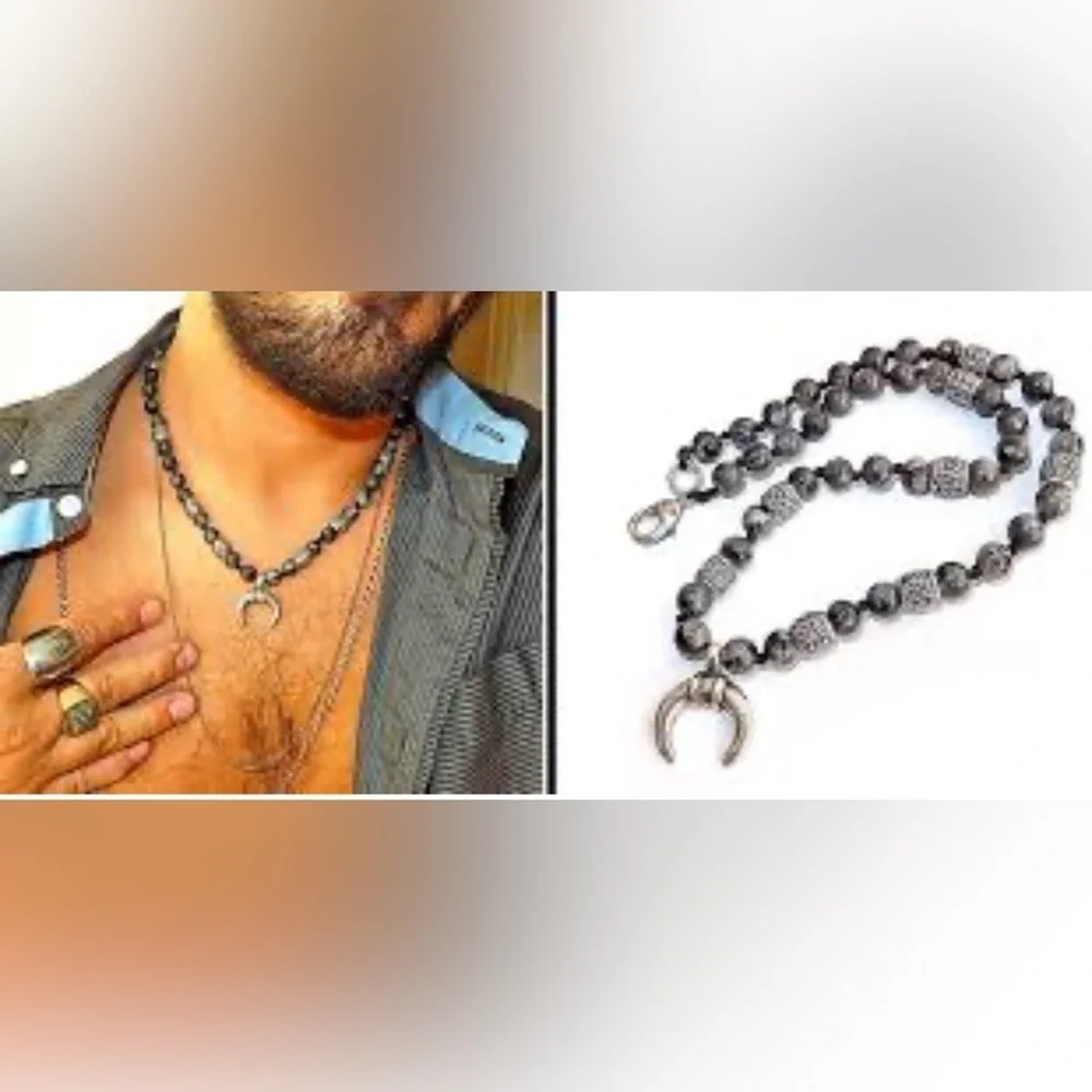 Naja half moon Labrodorite silver beaded mala necklace